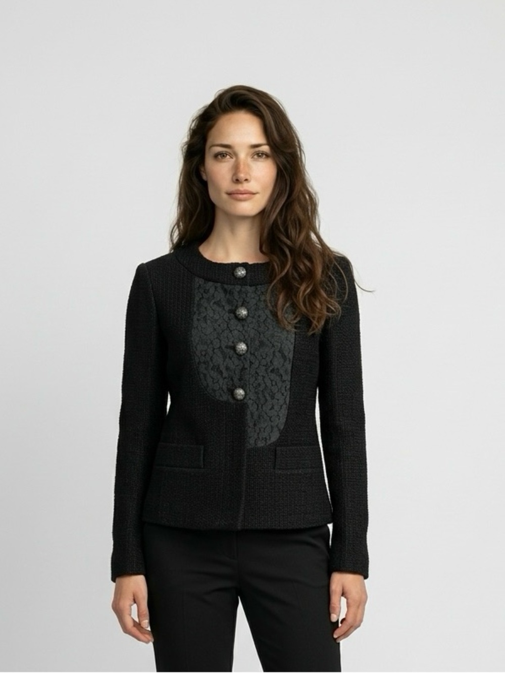 CHANEL Black Tweed & Lace Panel Button-Front Jacket